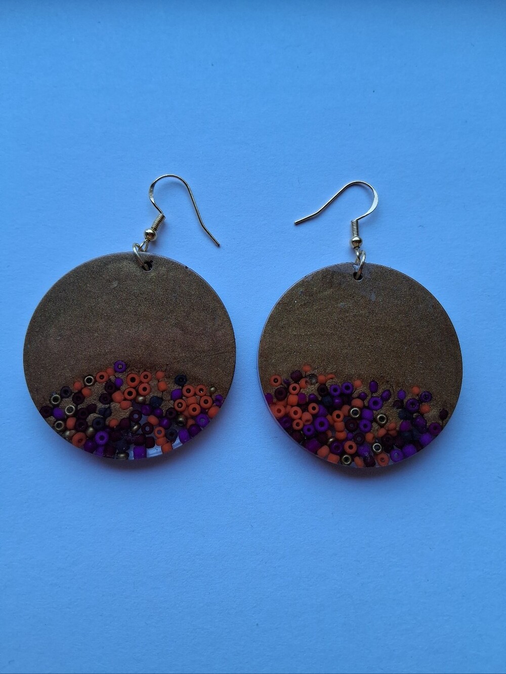 Hand Crafted Brown Resin Disc Earrings with Purple and Orange Accents